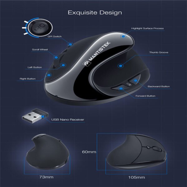 2.4G Vertical Ergonomic Optical Mouse 3 Adjustable DPI Level - Image 2