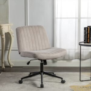 Cross Legged Office Chair, Wide Comfty Desk Chair, Fabric Vanity Home Chair,Armless Computer Task Chair With Wheels, Swivel And Height Adjustable